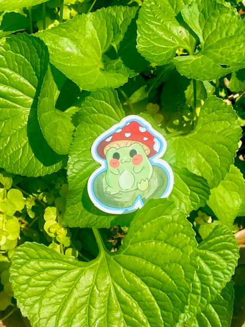 Froggo with mushroom hat vinyl sticker- Waterproof & UV Protected