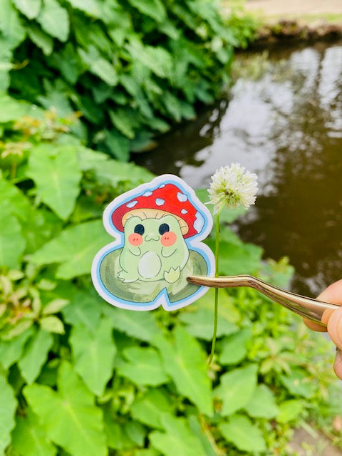 Froggo with mushroom hat vinyl sticker- Waterproof & UV Protected